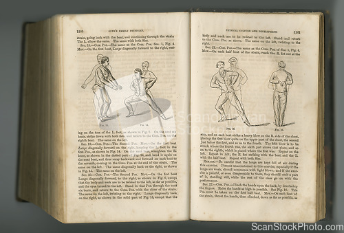 Image of Old book, vintage pages and fitness guide, antique manuscript or ancient scripture of exercises in literature against a studio background. Closeup of historical novel, journal or workout in history