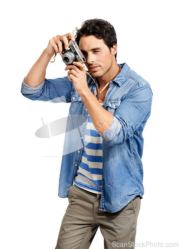 Image of Handsome man, photographer and camera for picture moment, shot or capture against a white studio background. Male person in photoshoot or photography for memory, vlog or social media on mockup space