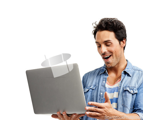 Image of Man, laptop and surprise for notification, studio and winner of online competition by white background. Male person, technology and shock for announcement, reading and happy with information or web