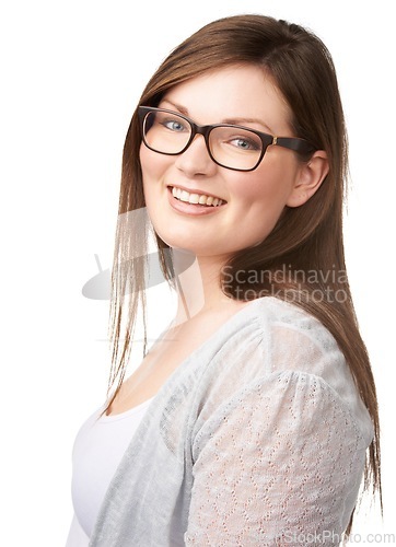 Image of Portrait, smile and glasses for vision with a woman in studio isolated on a white background for optometry. Face, eyewear and a happy young person with prescription frame lenses for optical eyesight