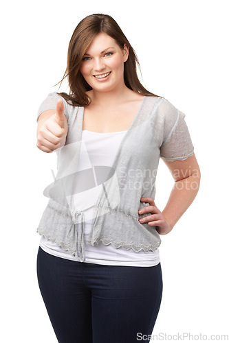 Image of Yes, portrait and plus size model with thumbs up, smile and casual fashion on white background. Support, body positivity and happy woman with agreement, thank you or pride hand gesture in studio.