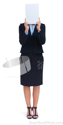 Image of Woman, mockup and poster in studio for information news, communication or business sale. Female person, board and hiding face as corporate worker for about us contact, signage on white background