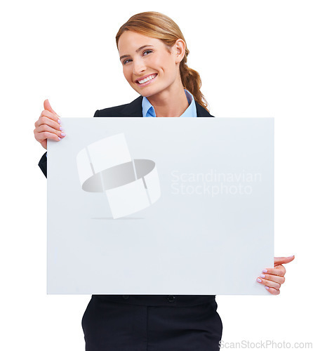 Image of Woman, portrait and poster mockup in studio or billboard announcement, communication or information. Female person, contact details and corporate worker news or about us, signage on white background