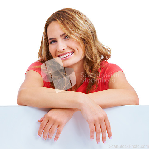 Image of Woman, poster and portrait at information in studio for news communication, announcement or white background. Female person, face and billboard placard as mockup for promotion, advertising or signage