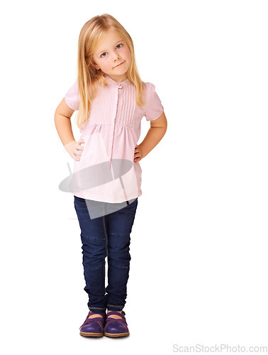 Image of Fashion, cute and portrait of child in studio with stylish, cool and trendy outfit for kids. Happy, sweet and full body of young girl model with casual style and positive attitude by white background