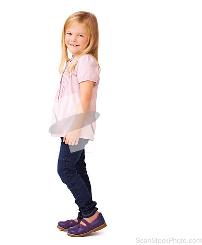 Image of Fashion, smile and portrait of child in studio with stylish, cool and trendy outfit for kids. Happy, cute and full body of young girl model with casual style and positive attitude by white background