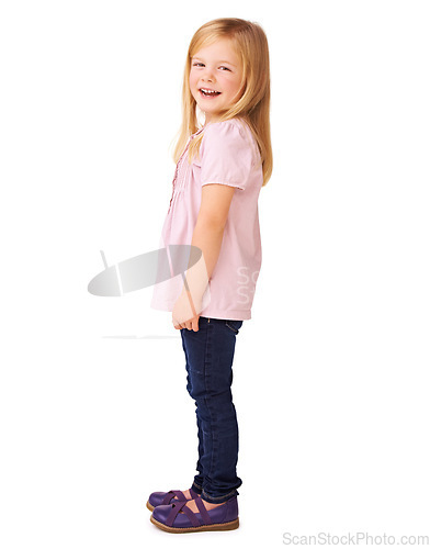 Image of Fashion, smile and portrait of child in studio with stylish, cool and trendy outfit for kids. Happy, cute and full body of young girl model with casual style and positive attitude by white background