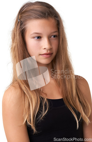 Image of Studio, skincare and teen kid thinking of beauty cosmetics, hairstyle maintenance treatment and spa salon keratin. Skin wellness glow, cosmetology and young child planning ideas on white background