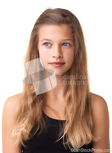 Image of Studio hair care and teen child thinking of facial cosmetics, hairstyle and youth with natural texture growth. Beauty choice, grooming or gen z girl planning haircut routine idea on white background