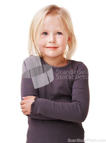 Image of Happy, smile and child with crossed arms on a white background with style, joy or positive facial expression. Childhood, youth and isolated young girl with fashion, clothes or trendy outfit in studio