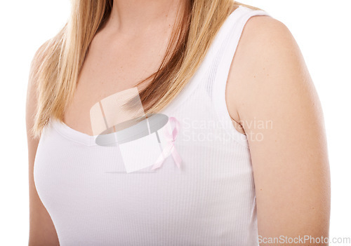 Image of Woman, pink and ribbon for breast cancer, support or raise awareness against a white studio background. Closeup of female person or blonde with symbol, bow or band for voice, start or launch campaign