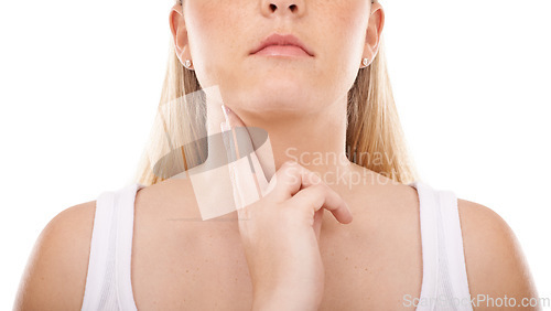 Image of Woman, neck and checking pulse rate, beat or health and wellness against a white studio background. Closeup of female person or model finger in cardiovascular, heart or blood pressure test on mockup