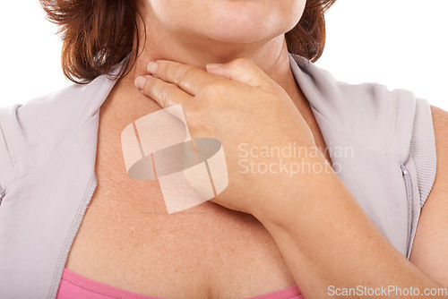 Image of Woman, pulse and checking with fingers on neck, white background and hand in closeup. Mature person, heart rate and measure cardiovascular wellness in studio, vitality and monitor heartbeat or health