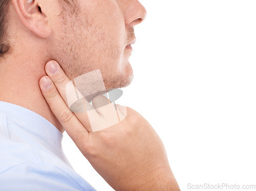 Image of Man, hand and checking pulse rate, beat or health and wellness against a white studio background. Closeup of male person finger touching neck in cardiovascular, heart or blood pressure test on mockup