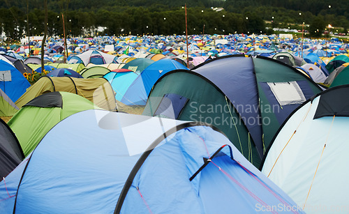 Image of Tent, field and outdoor for festival or camping in nature, summer or forest for adventure or vacation. Event, campsite or setup for sleeping, rest or shelter in woods, trees or environment background