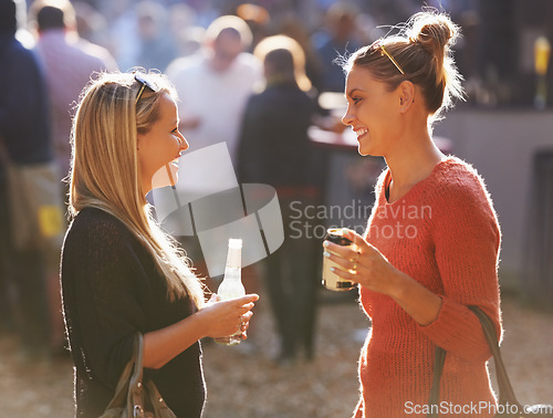 Image of Women, beer outdoor or music festival in park or nature for celebration, discussion or group connection. Friends, event or smile for drinking alcohol beverages for summer, travel or holiday vacation