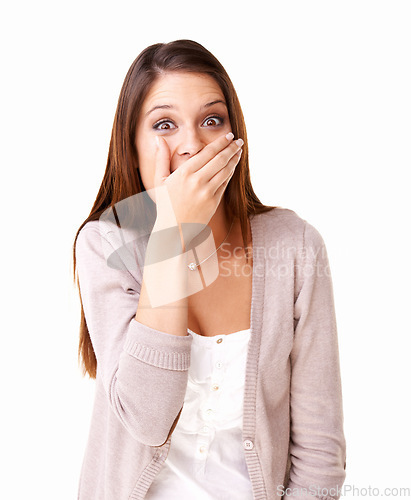 Image of Gossip, surprise and hand on face of woman with omg news in studio for announcement on white background. Emoji, drama or model portrait shocked by secret, story or deal, offer or competition giveaway