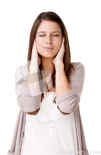 Image of Stress, anxiety and woman with hands on face in studio for noise, tinnitus or headache on white background. Vertigo, hearing loss or model with panic attack, trauma or sensitive ears sensory overload
