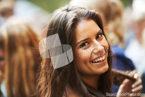 Image of Happy, outdoor festival portrait and woman having fun, happiness and smile at Portugal social gathering. Music concert freedom, face headshot and Europe vacation person, entertainment or rave event