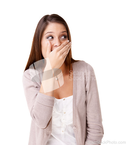 Image of Gossip, wow and hand on face of woman with surprise news in studio for announcement on white background. Emoji, drama and female model shocked by secret, story or deal, offer or competition giveaway