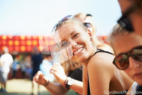 Image of Outdoor, portrait or happy woman in music festival on holiday vacation to relax on New Year. Carnival, crowd or people with freedom, smile or youth culture for concert or fun party celebration event