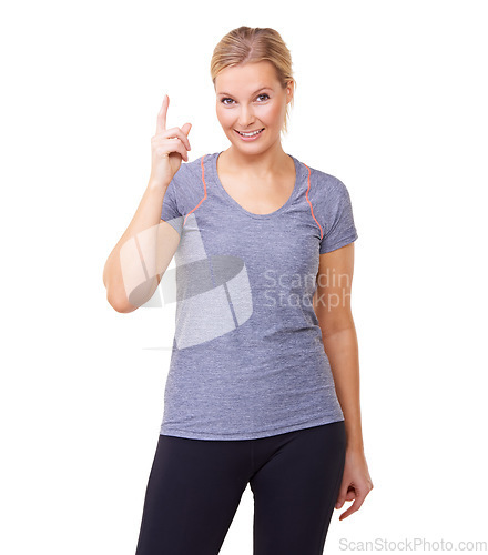 Image of Studio, portrait and woman for pointing to health announcement and wellness news for mockup. Person, face or emoji with fitness discount, exercise promotion or relax for choice by white background