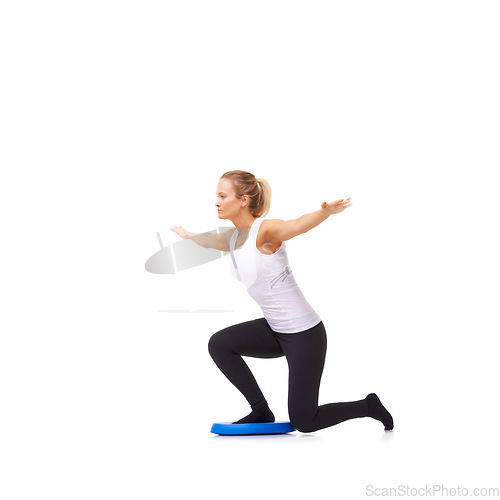 Image of Woman, fitness and balance exercise for workout, training or practice against a white studio background. Active female person or athlete in sports, pilates or activity for healthy wellness on mockup