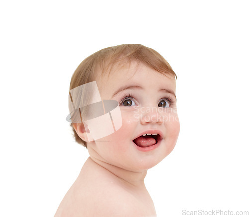 Image of Baby, happy and surprise in studio or white background isolated or childhood development, relax youth or mockup space. Kid, wow and excited for positive mood or curiosity, expression or mouth open