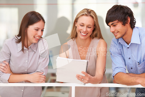 Image of Business people, manager and teamwork with documents for advice, reading proposal and feedback on project. Creative employees, man and woman with paperwork, planning and happy for portfolio or report