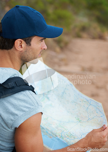 Image of Man, hiking and map for direction, guide and nature or trail, fitness and exercise on holiday. Male person, lost and documents for information, travel and journey or adventure to forest for cardio
