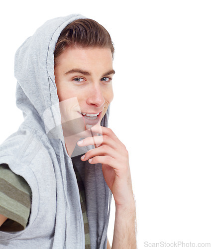 Image of Portrait, smile and fashion with a young man in studio isolated on a transparent background for streetwear. Face, happy and hoodie with a person in a sweater for trendy style or casual clothing