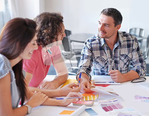 Image of Teamwork, creative and business people brainstorming at table in meeting, cooperation and collaboration in office startup. Happy group, designer and color swatches, planning together and discussion