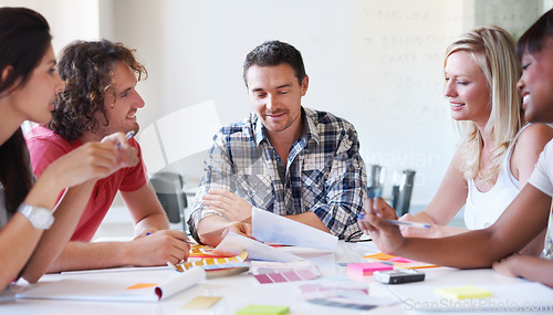 Image of Teamwork, brainstorming and business people on color palette, creative strategy and meeting, cooperation and collaboration in office startup. Happy group, designer and planning swatches together