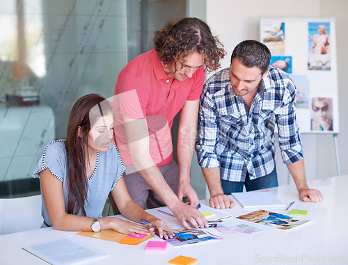 Image of Teamwork, brainstorming and business people on color palette at table in meeting, cooperation and collaboration in office startup. Creative group, designer and swatches, planning together or strategy