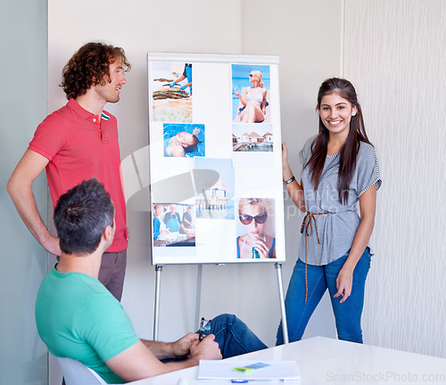 Image of Creative, woman and portrait with whiteboard in presentation for brainstorming, planning or design of magazine. Female, presenter, idea and picture for writing, piece or article in modern office