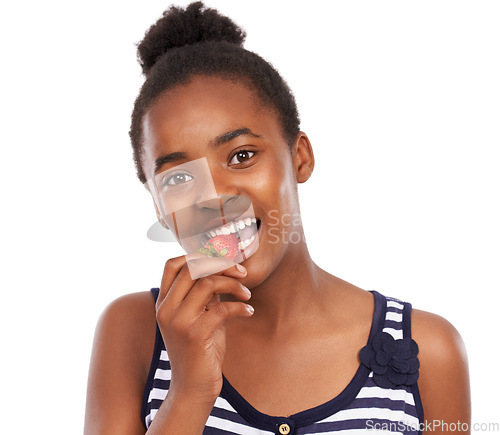 Image of Eating, health and portrait of girl and strawberry in studio for nutrition, wellness or diet. Food, self care and vitamin c with face of African student and fruit on white background for fiber mockup