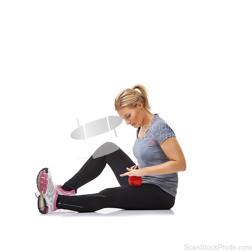 Image of Woman, massage ball and healing body or physical therapy, injury and health or wellness by white background. Female person, athlete and studio or rehabilitation for muscles in legs and body in mockup