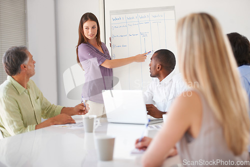 Image of Whiteboard presentation, meeting and business people, woman or mentor explain info, agenda plan or answer questions. Group planning teamwork, coach mentoring and staff attention to schedule list