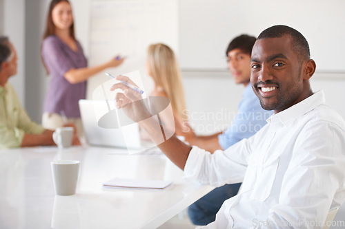 Image of Presentation question, business portrait and happy black man listening to sales pitch, proposal or negotiation meeting. Startup project workshop, smile and African agent with brainstorming idea group
