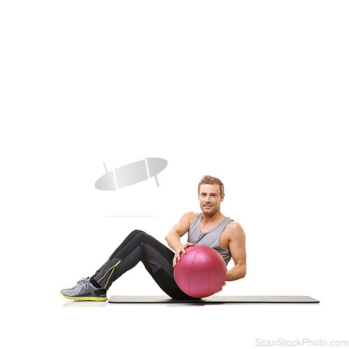 Image of Man, portrait and medicine ball for training workout in studio on white background for mockup, healthy or strong. Male person, face and sports equipment or exercise mat, target muscle abs or wellness