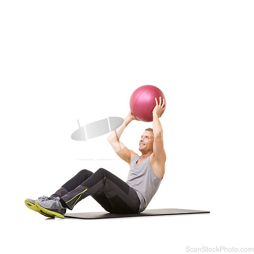 Image of Man, medicine ball and exercise mat for gym training in studio on white background, fitness or workout strength. Male person, sports equipment and stomach abs challenge, wellness goal or mockup space