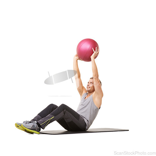 Image of Man, medicine ball and exercise sit up for gym training in studio on white background, fitness or workout strong. Male person, sports equipment and stomach abs challenge, wellness mat or mockup space