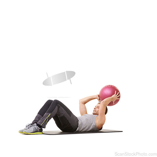 Image of Man, medicine ball and sit up for workout fitness in studio on white background for mockup space, health or strength. Male person, sports equipment and training mat, target stomach muscle or wellness