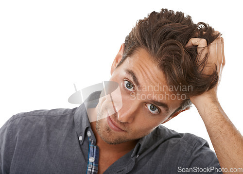 Image of Portrait, man scratching head and thinking, confused or doubt isolated on a white studio background. Face, person and idea, puzzled at choice or decision, question or solution, why or dont know emoji