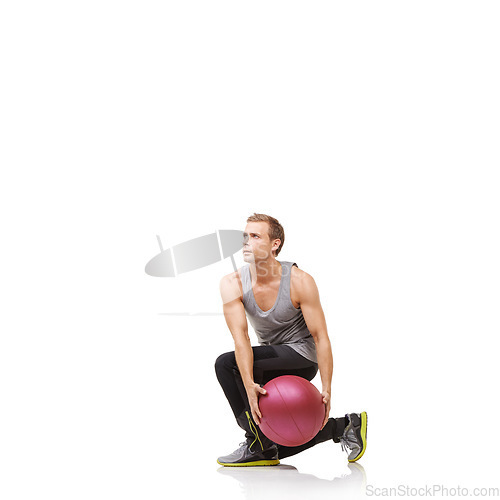 Image of Man in studio with fitness, gym ball and mockup for exercise, body wellness and commitment. Workout, muscle training and athlete with sphere for balance, stability and performance on white background