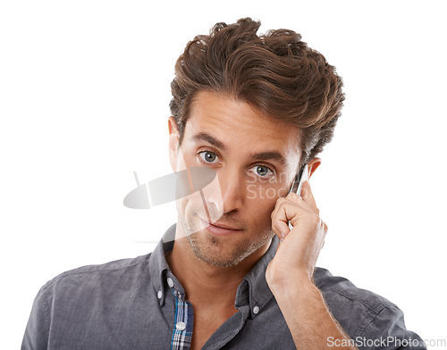 Image of Business man, phone call and portrait in studio for communication, consulting or chat to contact on white background. Face of worker listening to mobile conversation, feedback or advice of connection