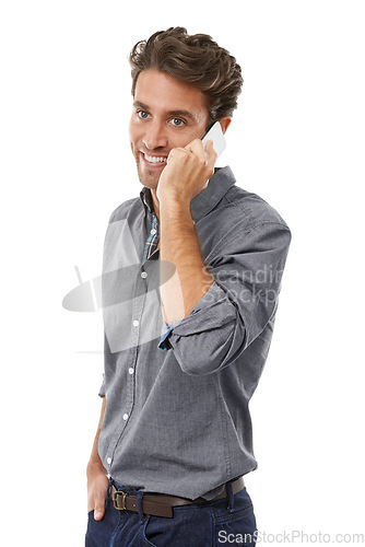 Image of Business man, phone call and studio for communication, consulting and chat to contact on white background. Happy worker, mobile networking and feedback of advice, conversation and talk of negotiation