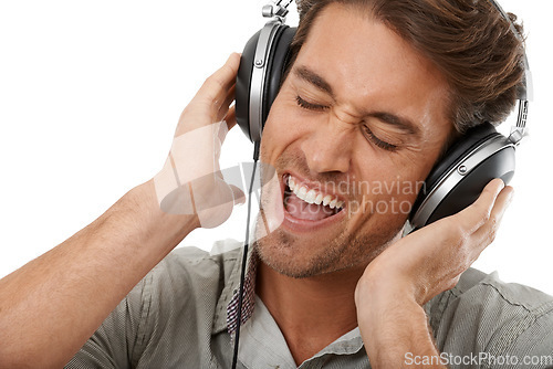 Image of Man, headphones and singing music in studio for audio subscription, multimedia sound and party on white background. Face, excited model and karaoke singer with radio, podcast and streaming at mockup