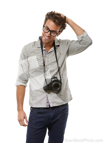 Image of Smile, man and photographer with camera on neck in studio isolated on a white background. Happy person in glasses, creative paparazzi and hobby for fashion, style or thinking model on mockup space
