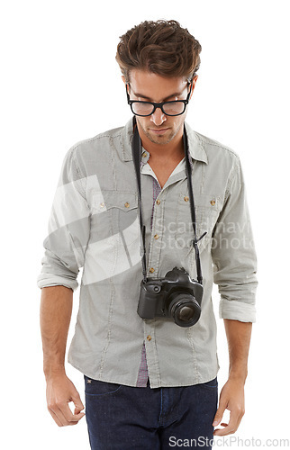 Image of Man, thinking and camera as photographer for idea professional, creativity thoughts or white background. Male person, digital equipment and shooting artist on mockup for studio, skill or lens job